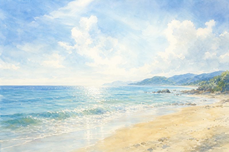 夏の海辺を描いたAIアート作品