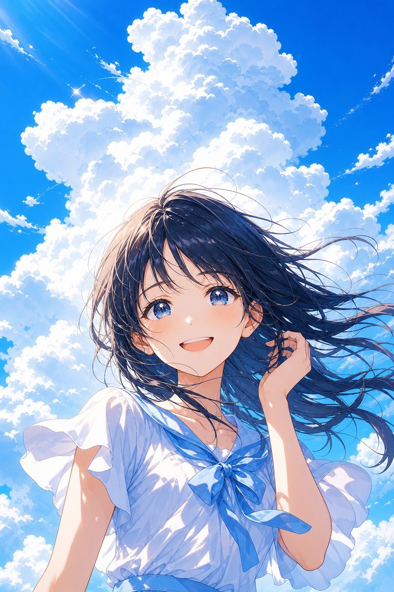 夏空の少女を描いたAIアート作品