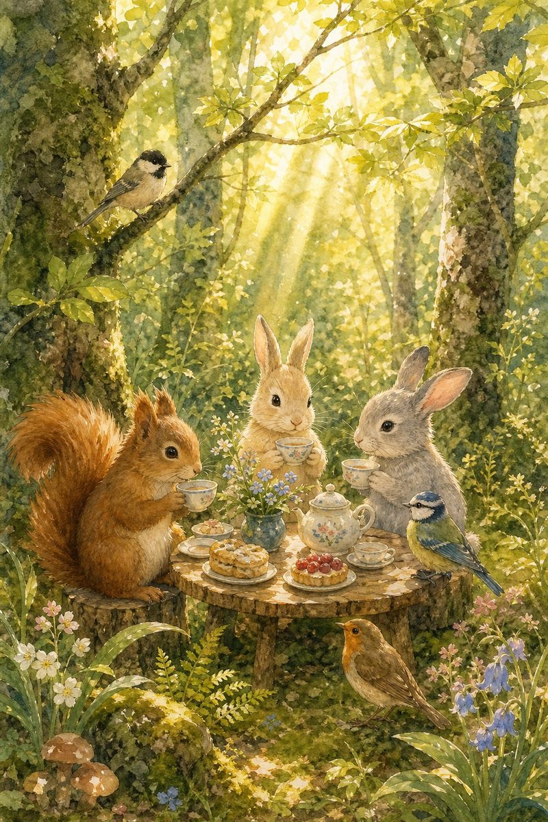 森の小動物のお茶会を描いたAIアート作品