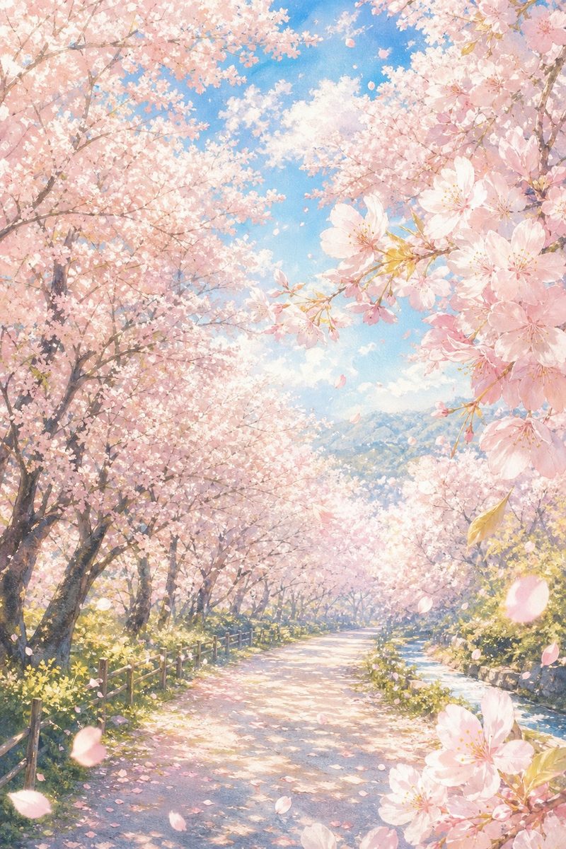 満開の桜並木を描いたAIアート作品