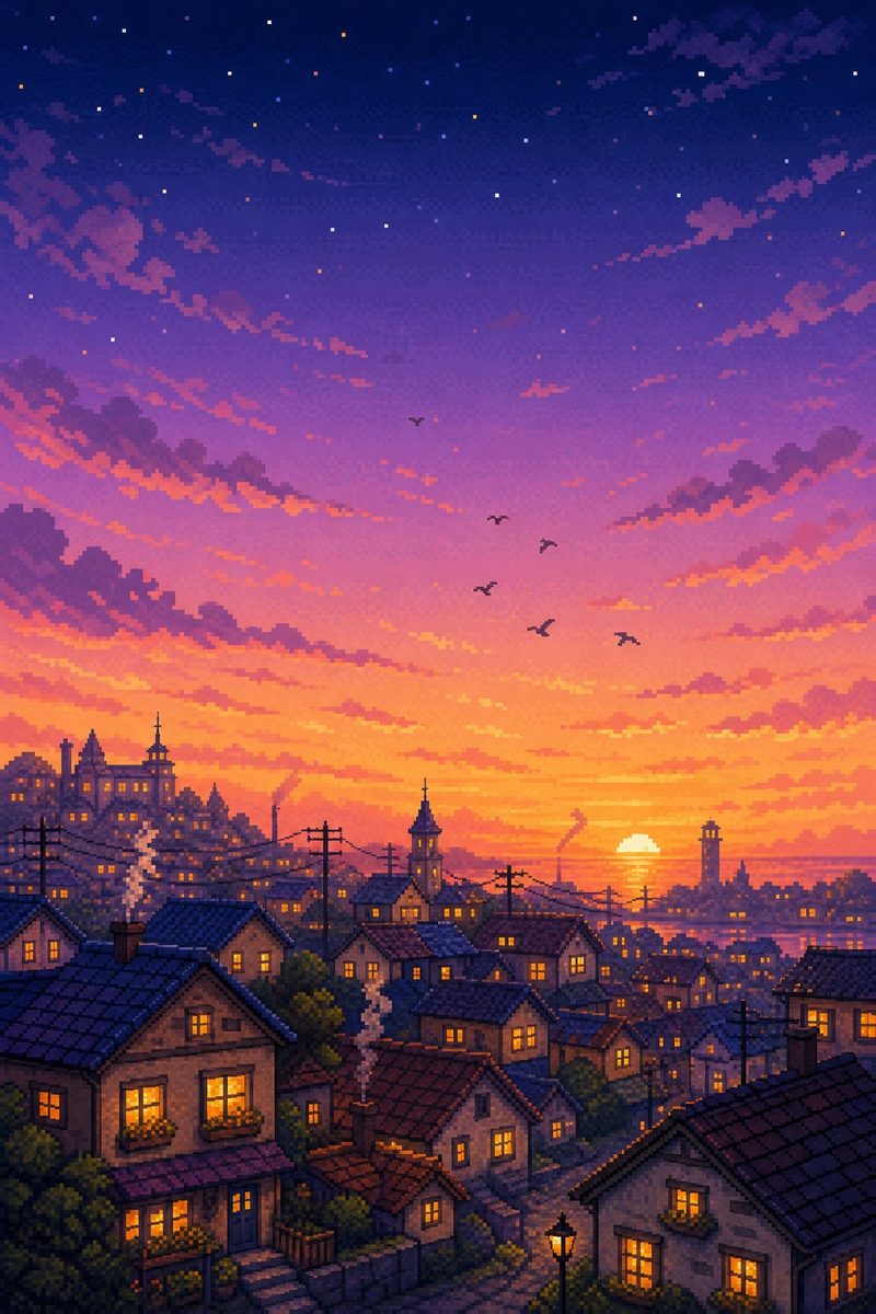 ドット絵の夕暮れを描いたAIアート作品