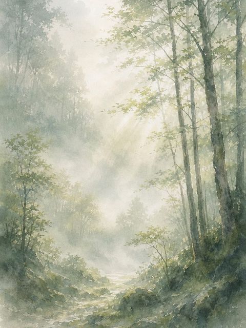 朝もやの森を描いたAIアート作品