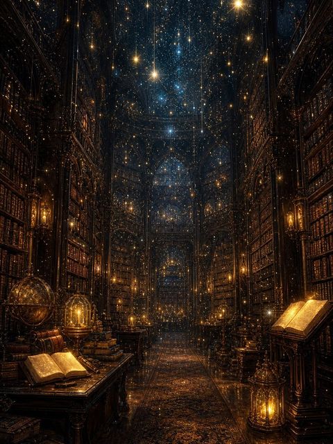 星降る図書館を描いたAIアート作品