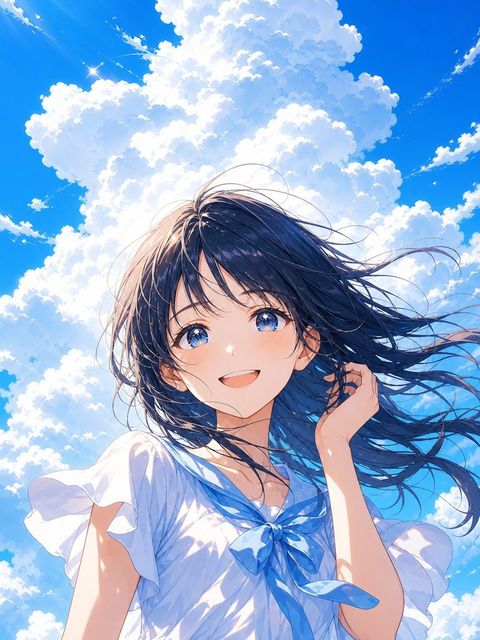夏空の少女を描いたAIアート作品