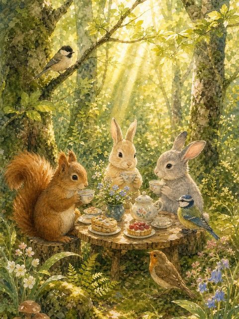 森の小動物のお茶会を描いたAIアート作品