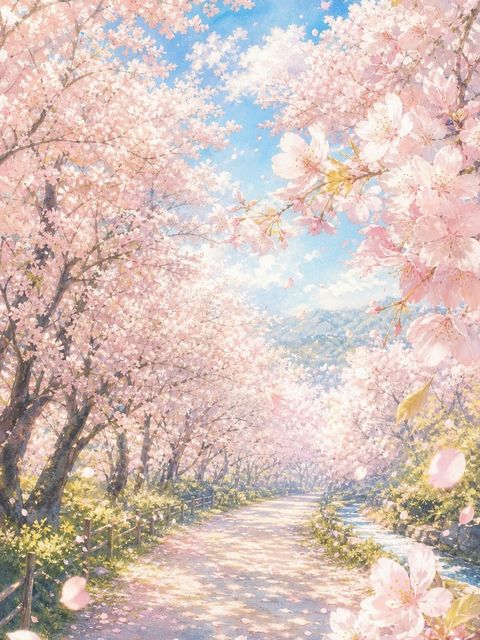 満開の桜並木を描いたAIアート作品