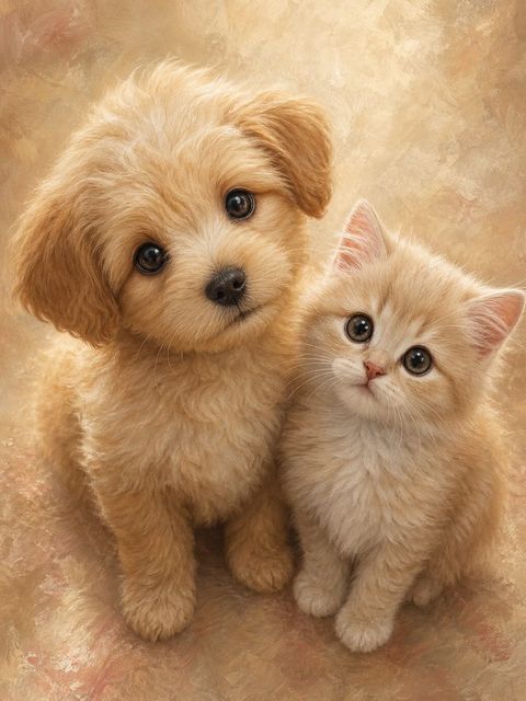 子犬と子猫を描いたAIアート作品