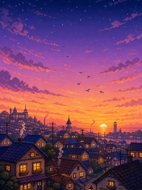 ドット絵の夕暮れを描いたAIアート作品