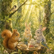 森の小動物のお茶会を描いたAIアート作品